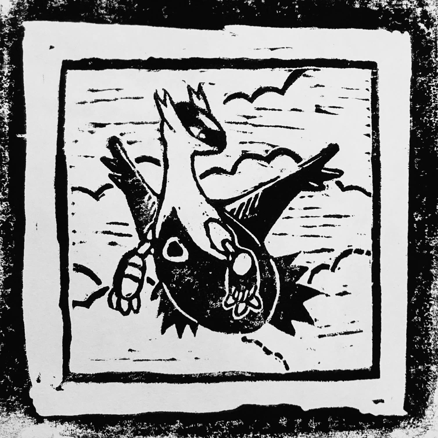 "Latios Linocut Print," Ink on Paper, 2024